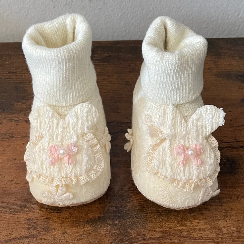 Adorable Cream Baby Slippers with Lace